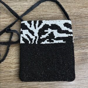 Vintage Black & White Beaded Crossbody Hand-Beaded Scenic Design Evening Purse